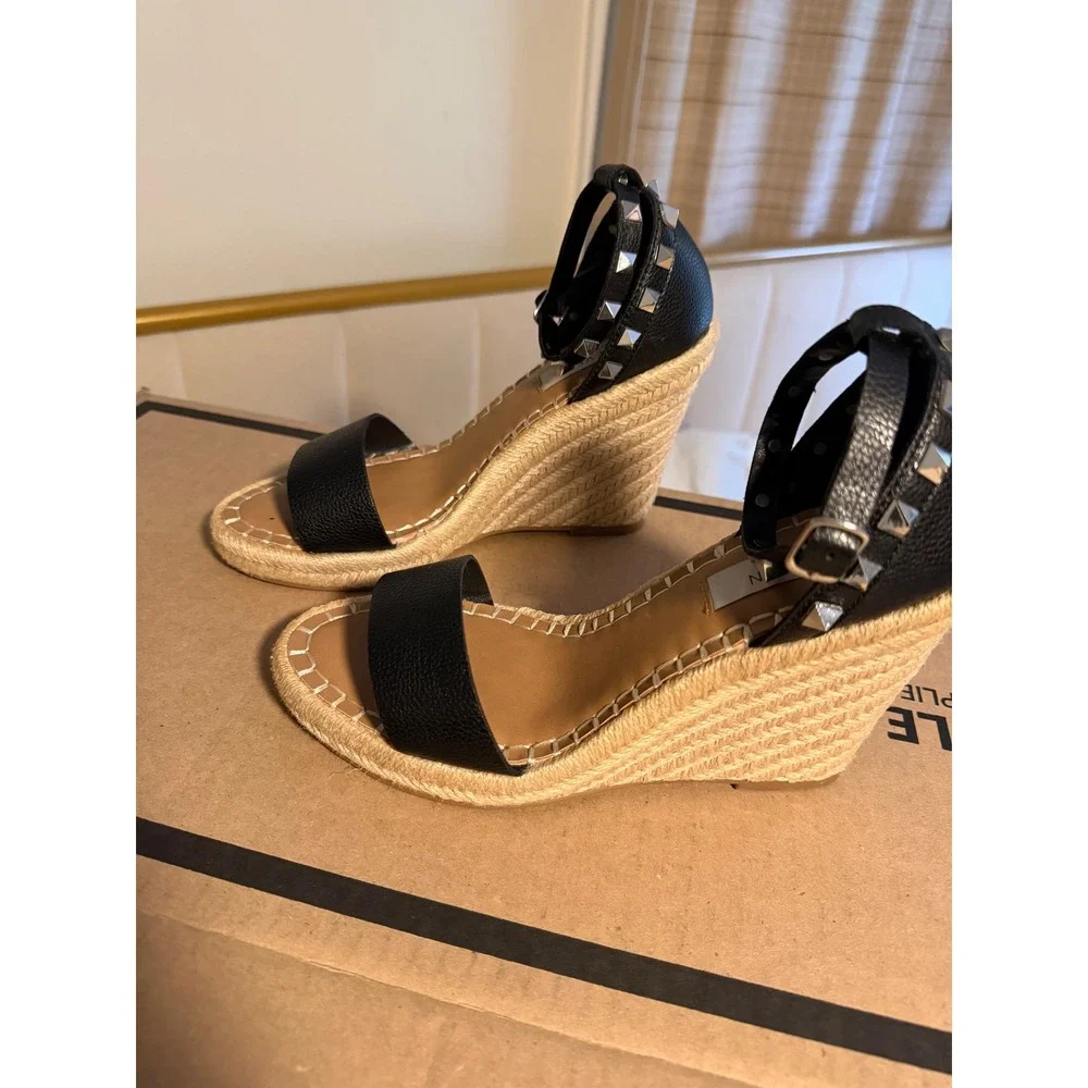 Steven New York Black Studded Espadrille Wedge Sandals Size 7 Ankle Strap Jute